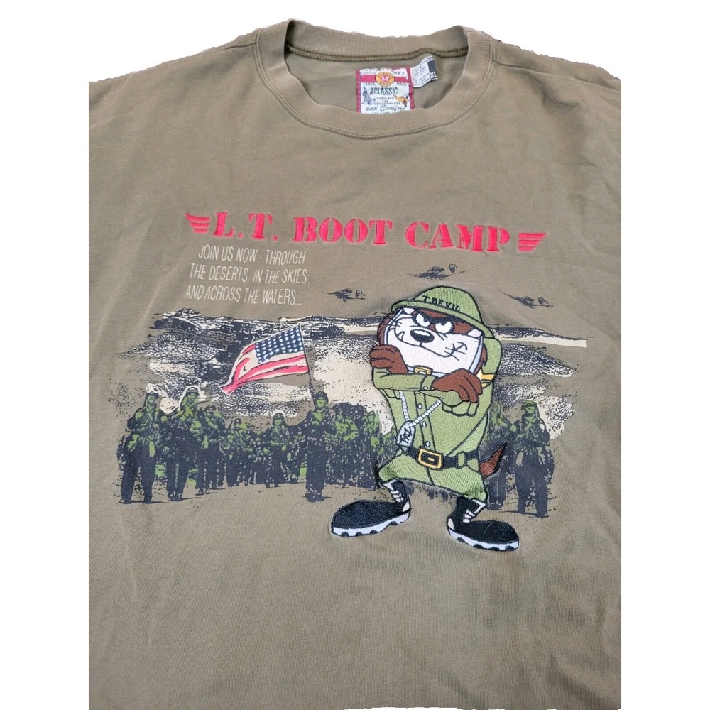 Looney Tunes Tasmanian Devil Military TAZ‎ Army T-shirt sz XL Embroidery Vintage